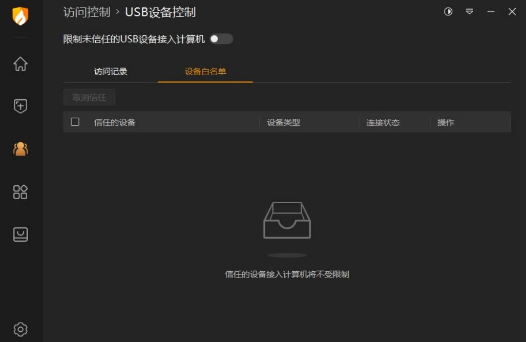 HuoRong Internet Security Software USB device control interface screenshot, showing the 'device whitelist' function, not adding trusted devices, suggesting that trusted devices will be unrestricted in connecting to the computer, and restricting the untrusted USB device switch is not on.